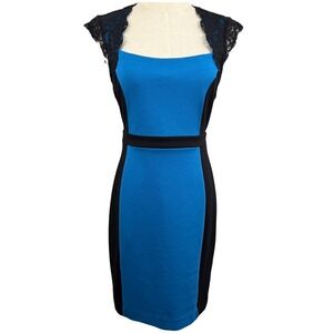 Nicole Miller S Dress Bodycon Colorblock Square Neck Lace Trim Cap Sleeve Sheath